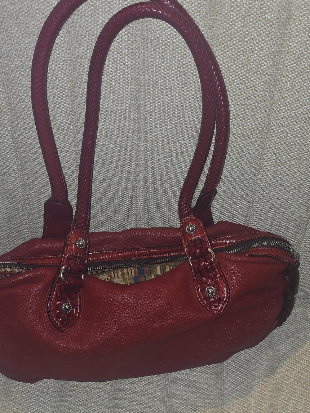 Brighton Red Pebbled Leather Satchel Shoulder Bag Braided Straps Silver Accents - Picture 16 of 16
